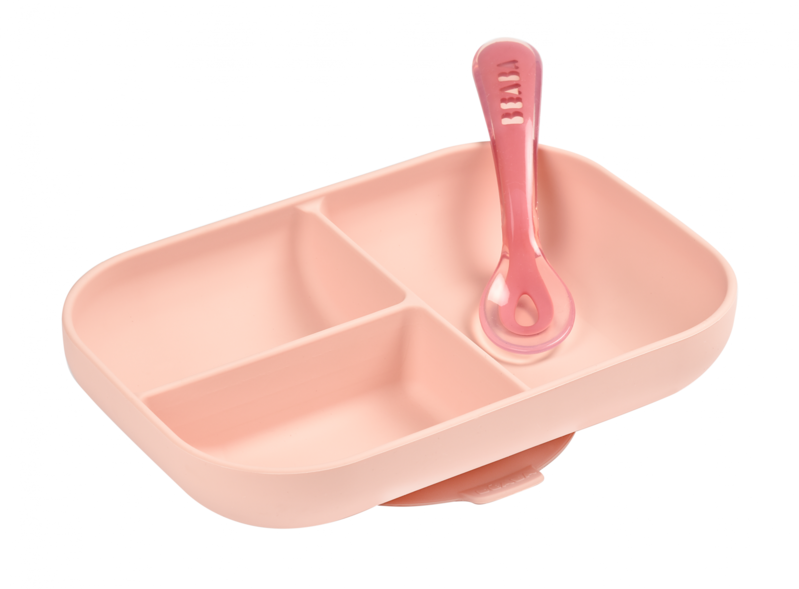 BEABA - Szilikon osztott tányér tapadókoronggal + kanál Pink