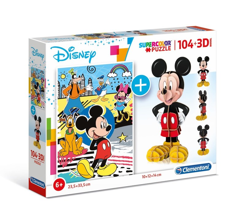 CLEMENTONI - Disney Mickey egér 104 darabos puzzle + 3D-s Mickey modell