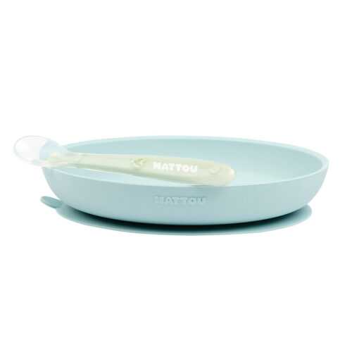 NATTOU - Étkező szilikon 2 darabos tányér és kanál készlet menta BPA mentes