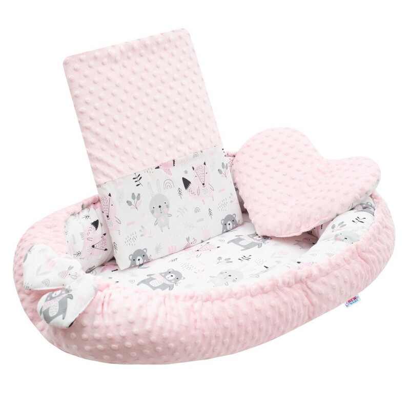NEW BABY - Luxus babafészek párnával és paplannal Minkyből rózsaszín