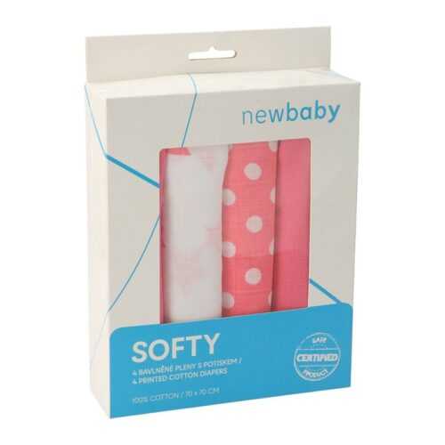 NEW BABY - Pamut tetra pelenka Softy nyomtatott mintával  70 x 70 cm 4 db fehér-rózsaszín
