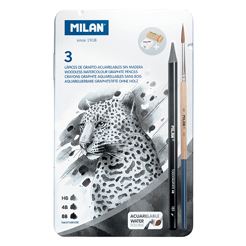 MILAN - Akvarell ceruzák - 3 darabos készlet (HB/4B/8B) + 1 ecset és 2 radír fémdobozban
