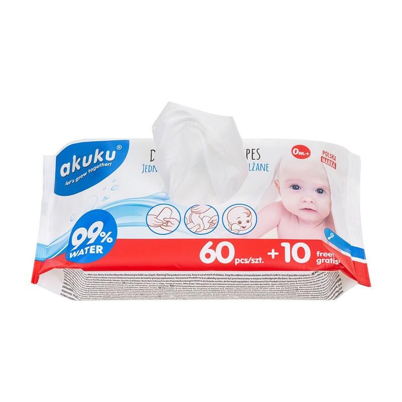 AKUKU - Akuku nedves baba törlőkendő 99% vízzel 60 + 10 db INGYEN