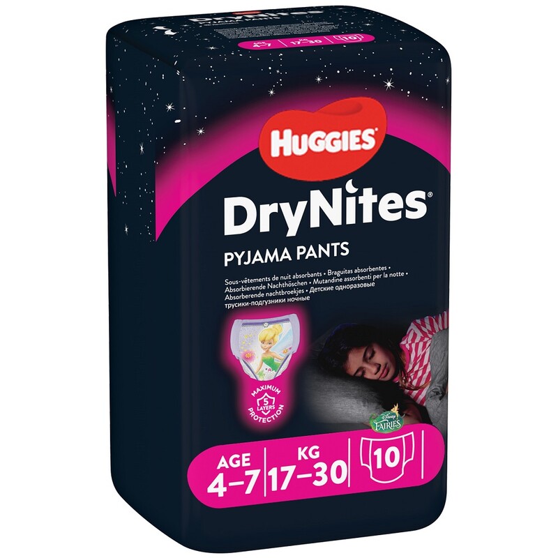 HUGGIES - DryNites eldobható pelenkázó bugyi lányoknak 4-7 éves korig (17-30 kg) 10 db