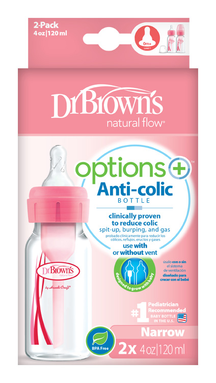 DR.BROWNS - Antikolikus cumisüveg Options+ keskeny 2x120ml műanyag rózsaszín (SB42305)