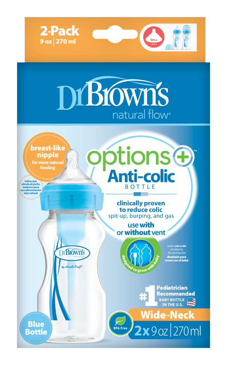 DR.BROWNS - Antikolikus cumisüveg Options+ széles nyakú 2x270ml műanyag kék (WB92602)