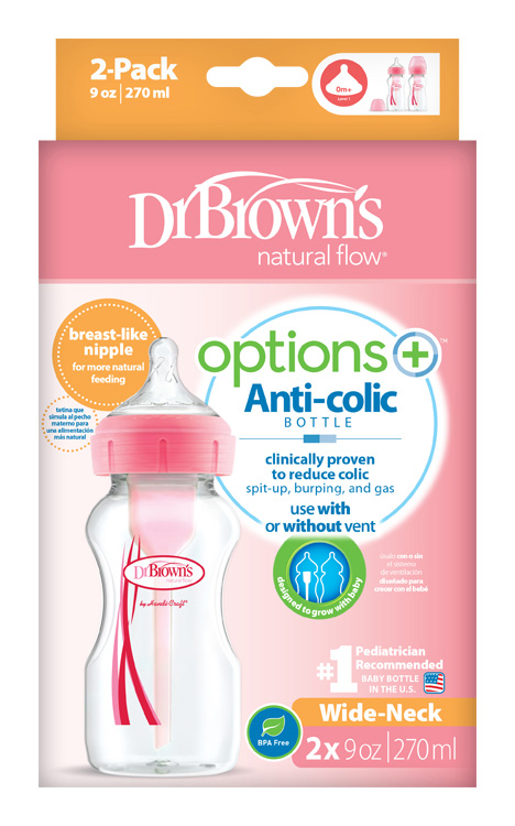 DR.BROWNS - Antikolikus cumisüveg Options+ széles nyakú 2x270ml műanyag rózsaszín (WB92601)