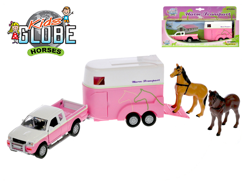 MIKRO TRADING - Kids Globe Horses Mitsubishi Pajero rózsaszín 13cm fém fordított ló utánfutóval dobozban