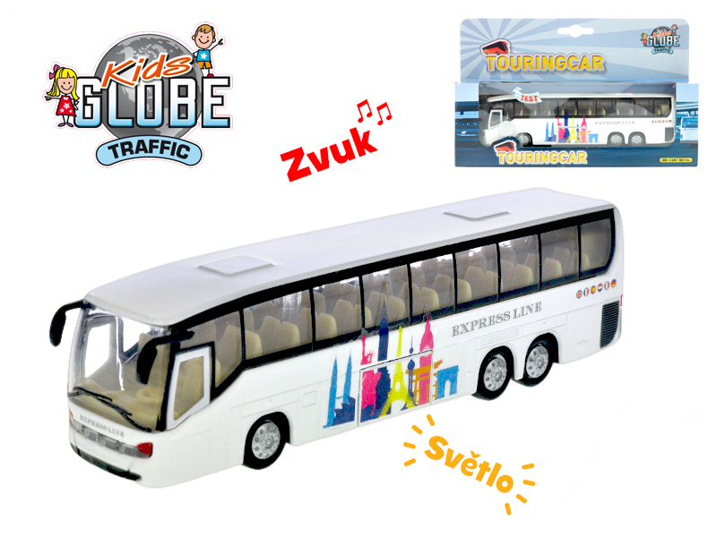 MIKRO TRADING - Kids Globe Traffic busz 19cm elemes fém tolatóbusz 19cm fény- és hangjelzéssel dobozban