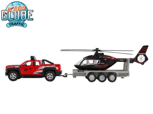 MIKRO TRADING - Kids Globe Traffic terepjáró autó 13cm fém megfordítható utánfutóval + helikopter 20cm kr-ban