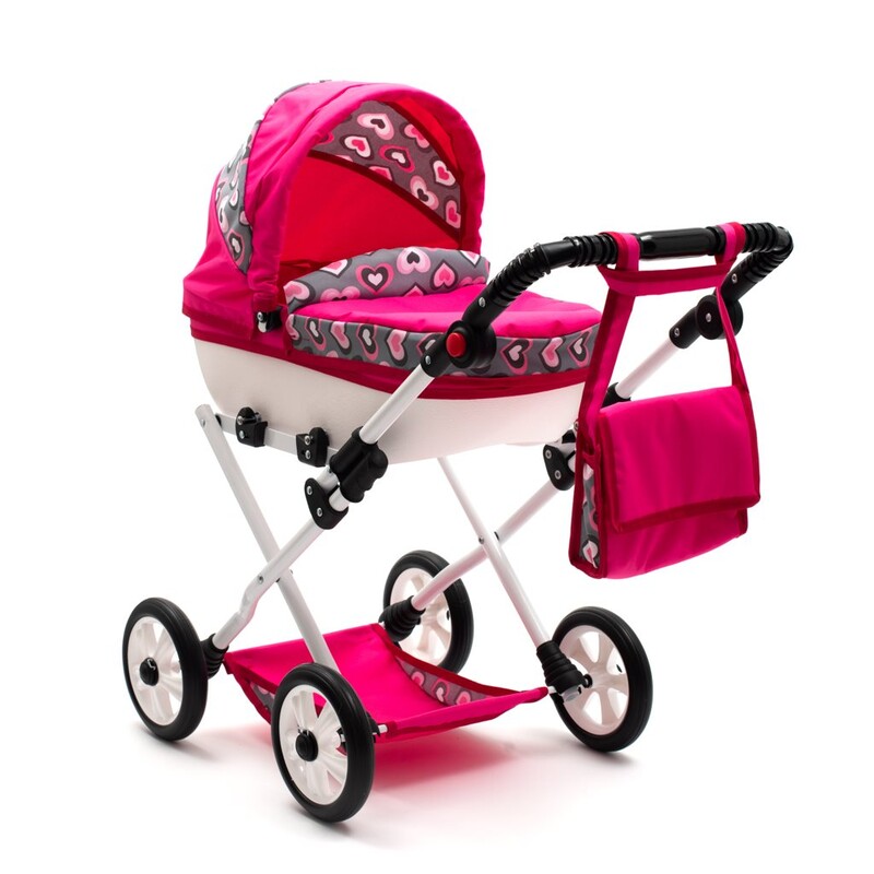 NEW BABY - Játék babakocsi COMFORT rózsaszín szívecskével szürke