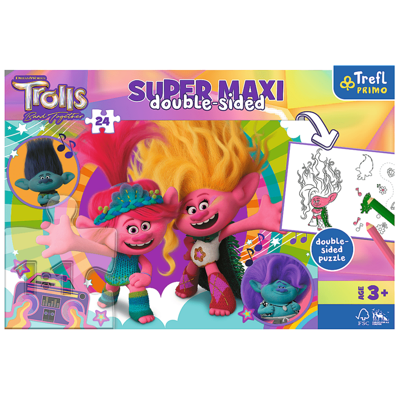TREFL -  Puzzle Super Maxi 24 – Boldog Trollok Napját / Universal Trolls 3 (2023) FSC Mix 70%