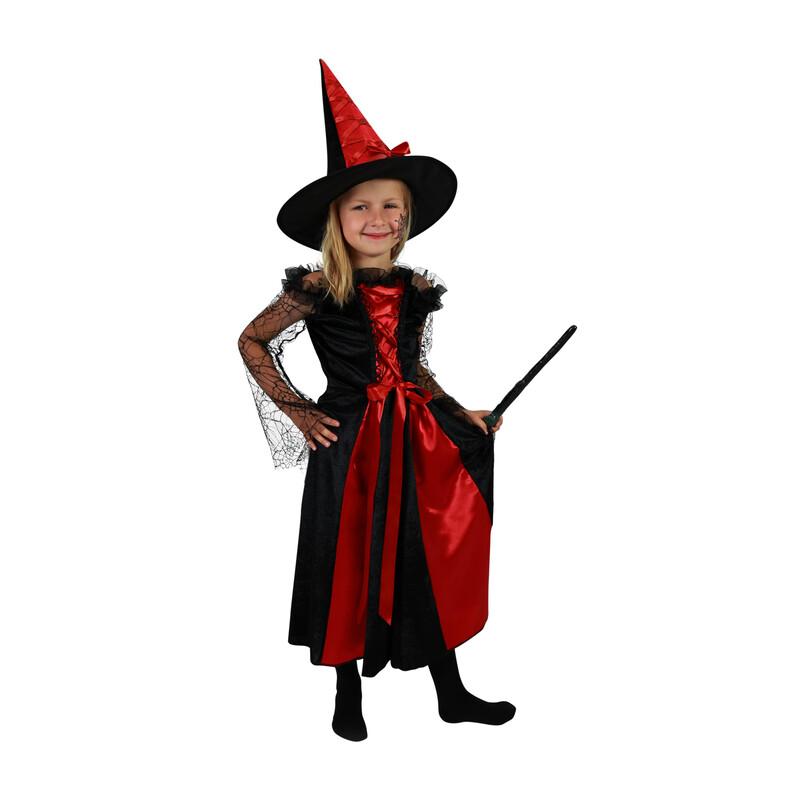 RAPPA - Gyermek boszorkány jelmez sapkával fekete-piros (M) e-csomagolás